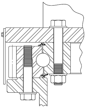 Kaydon Bearings - slewing bearing selection, simplified - Inner ring with through bolts supports the upper structure with pinion. An external shroud protects the gear teeth on the outer ring, supported by the lower structure with threaded bolts.